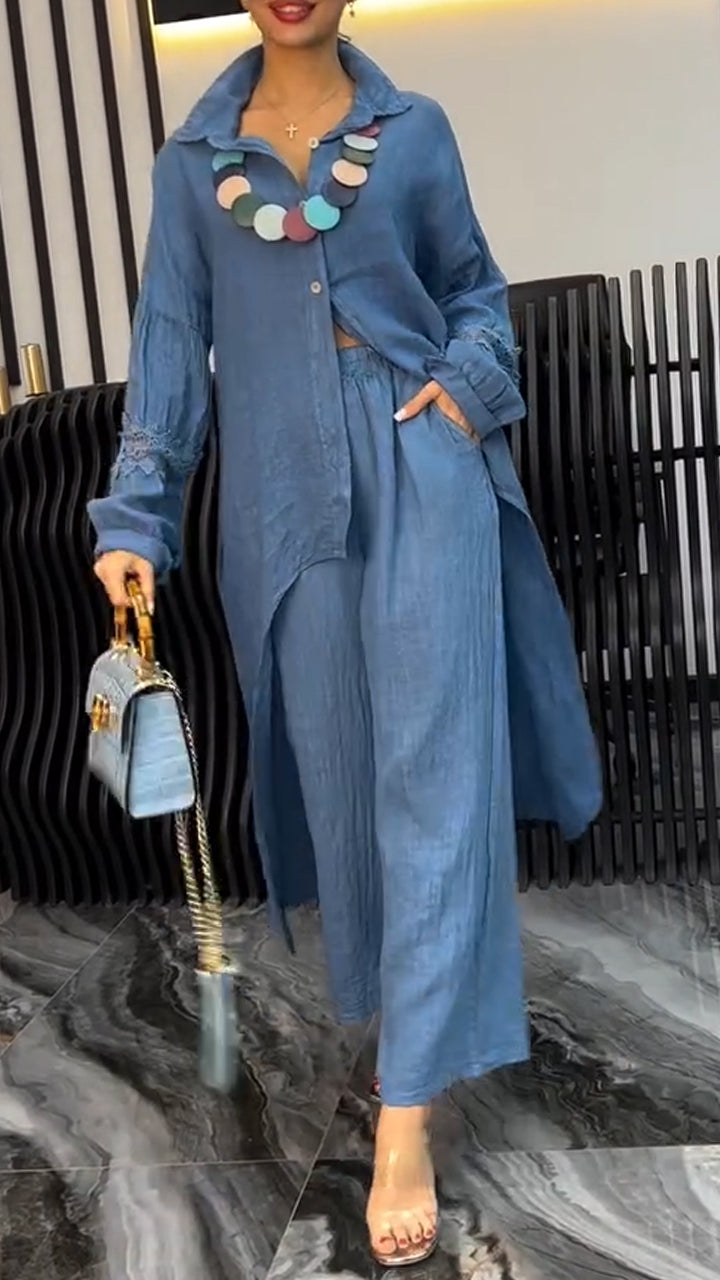 Women's Collar Irregular Splicing Printed Hollow Out Long Top+loose Pants Casual Suit