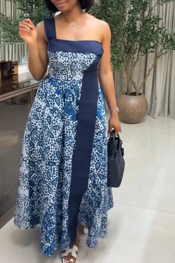 Women One Shoulder Printed Elegant Temperament Maxi Dresses