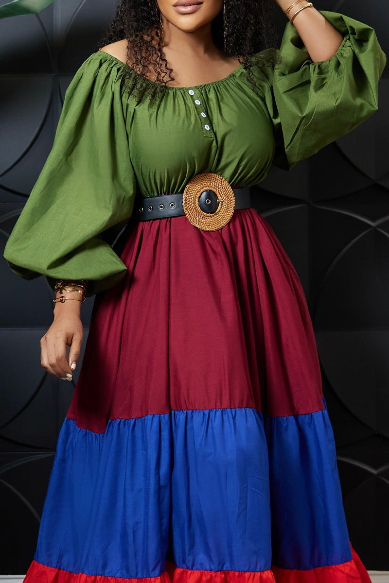 Women's Multi-Color Tiered Maxi Dress with Off Shoulder Puff Sleeves and Waist Belt