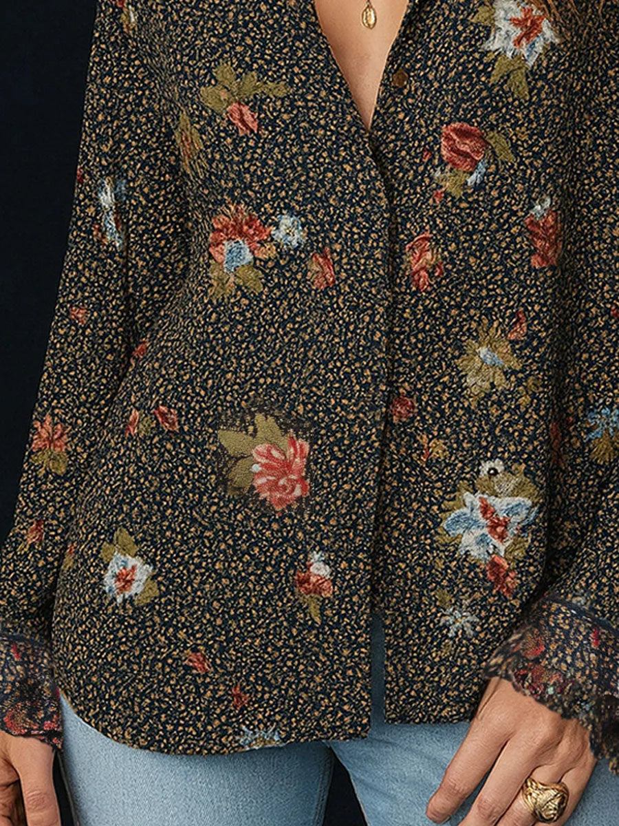 Retro Floral Print Curved Hem Ruffled Sleeves Blouse