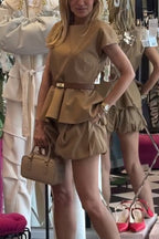 Women Round Neck Top+ Shorts Solid Color Casual Suit