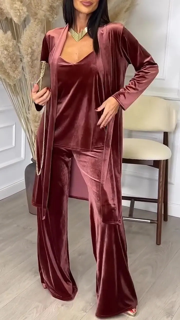 Women's V-neck Suede Camisole 3-piece Casual Suit