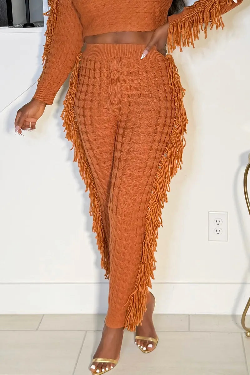 Women's Knit Two-Piece Outfit with Fringe Trim on Sleeves or Pants