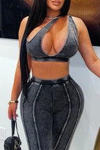 Women's Washed Ribbed Cutout Crop Top Or High Waist Bodycon Leggings