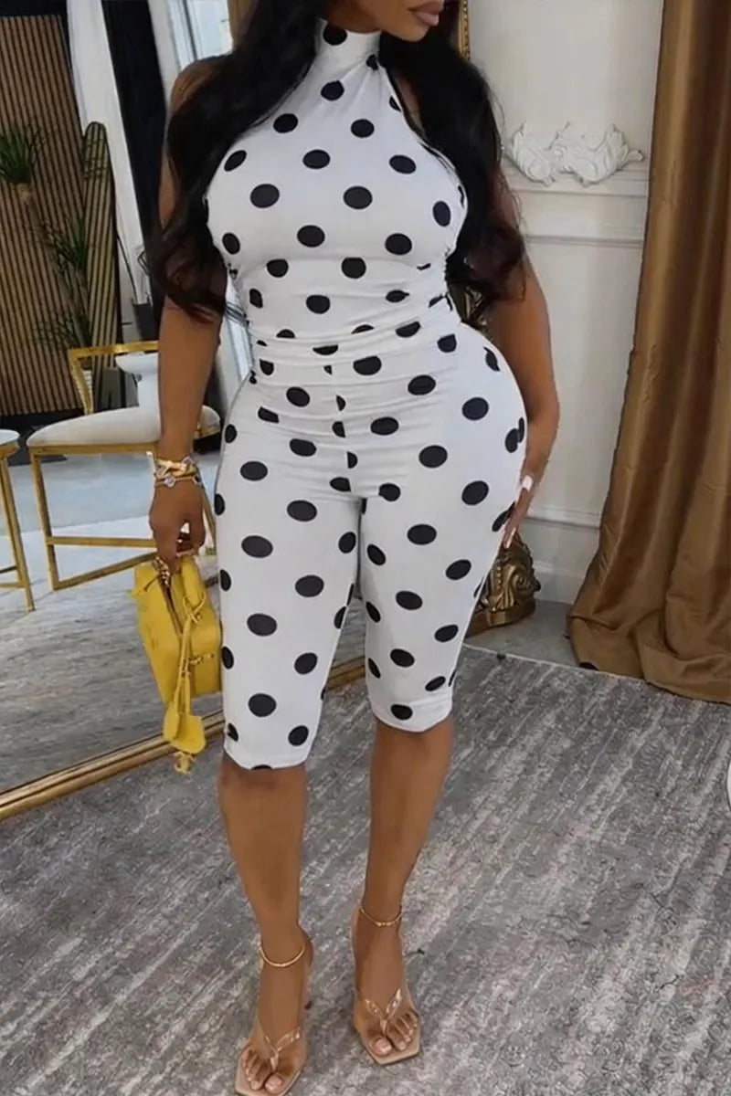 Women's Casual Open-Back Polka Dot Stretch Jumpsuit