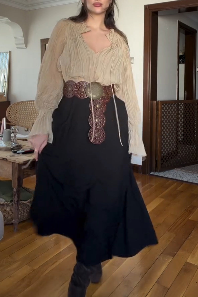 Women's Casual Pleated Loose Shirts & High Waist Skirt