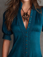 Retro Elegant Teal Lace Trim Button-Front Blouse