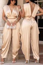 Women's Champagne Satin Deep V Cutaway Shoulder Elastic Waist Crop Top Or Elastic Waist Loose Flowy Satin Baggy Trousers