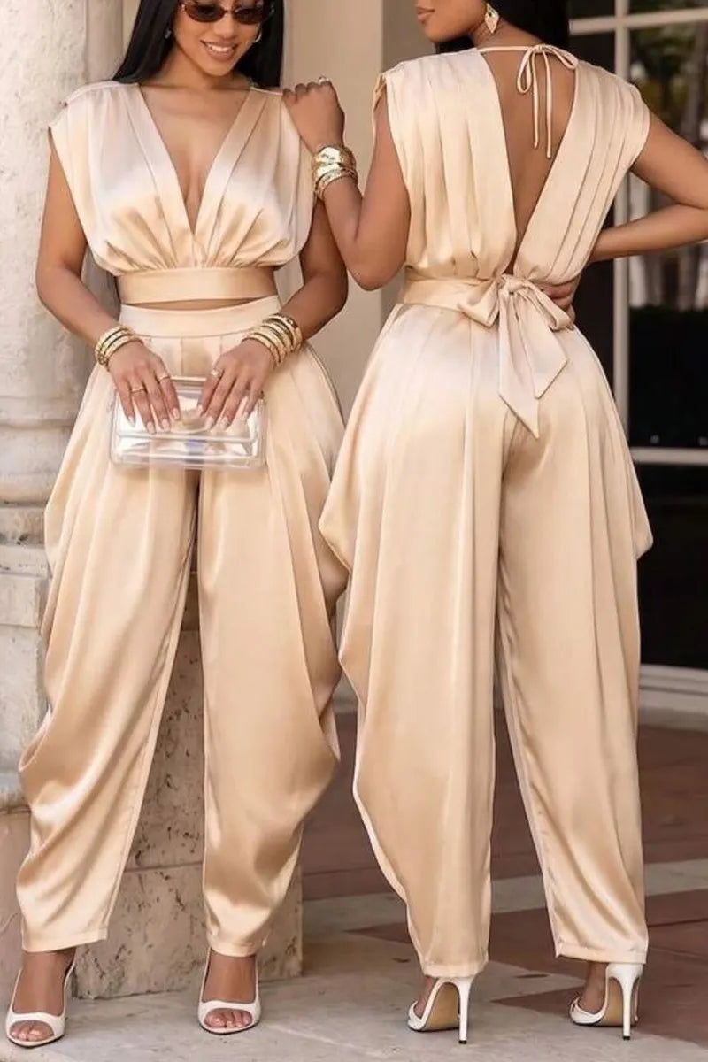 Women's Champagne Satin Deep V Cutaway Shoulder Elastic Waist Crop Top Or Elastic Waist Loose Flowy Satin Baggy Trousers