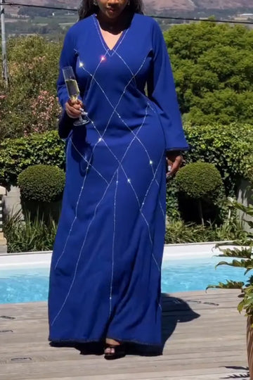 Women V-neck Rhinestone Elegant Temperament Dress