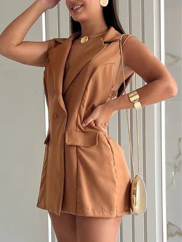 Women's Lapel Hollow Top + Shorts Set