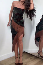 Women's Printed Strapless Fitted Fringe Irregular Hem Party Dress