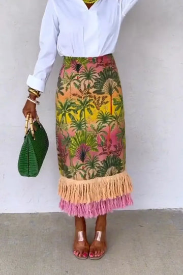 Women Elegant Casual Tropical Printed Tassel Skirt