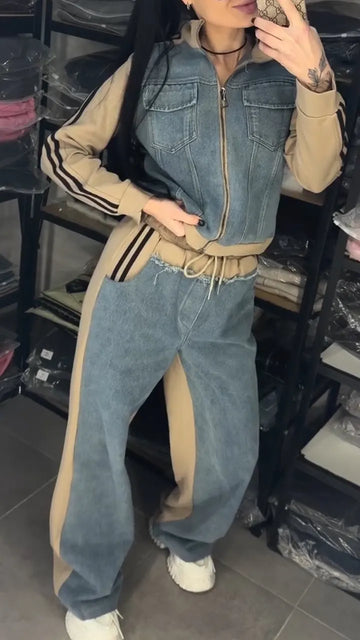Women Collared Patchwork Denim Casual Jacket + Jeans Casual Suit