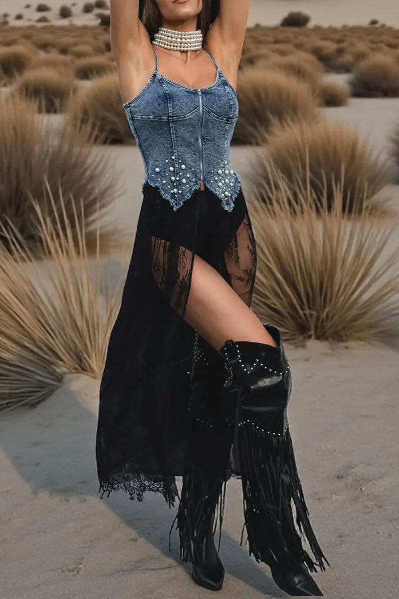 Women's Denim Corset Top And Lace High-Split Maxi Skirt Set