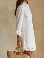Bohemian Eyelet Hem Resort White Shirt Mini Dress