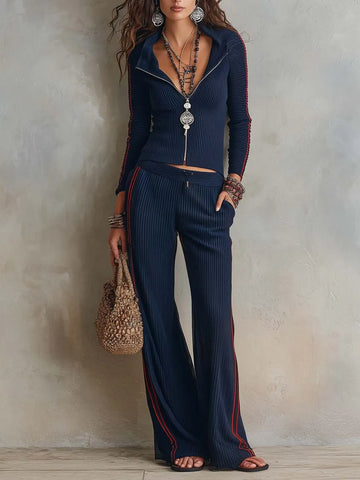 Retro Contrast Piping Ribbed Knit Two-piece Set