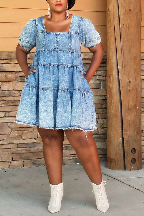 Ladies' Hot Selling Casual Round Neck Bubble Sleeve Half Sleeve Bow Denim Mini Dress