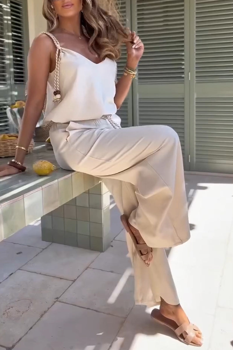 Women's Resort V-Neck Vest Wide Leg Pants Set