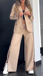 Women Lapel Side Vertical Stripe Print Jacket + Pants Temperament Commuter Suit