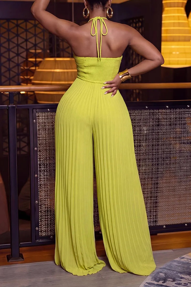 Women's Casual Bright Green Pleated Halter Jumpsuit with Textured Bodice