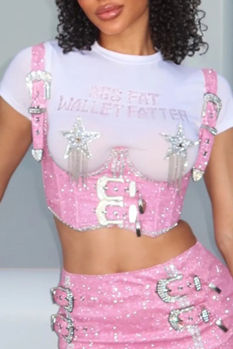 Women's Halter Neck Back Tie Rhinestone Party Top Or Rhinestone Tassel Short Skirt（The Inner Layer Of The Top Is Not For Sale）