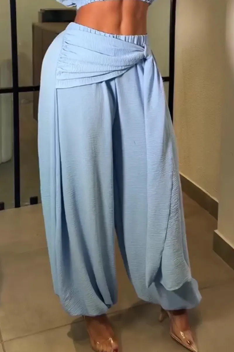 Women's Solid Light Blue Deep V Sleeveless Ruched Crop Top Or High Waist Twist Wrap Front Textured Wide Leg Pants