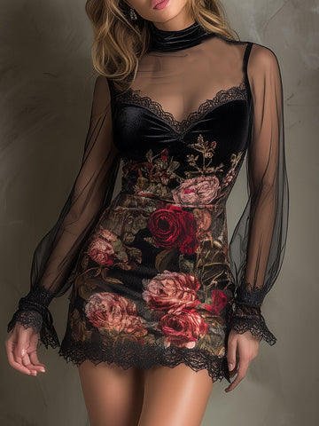 Velvet Rose Print Sheer Patchwork Mini Dress With Lace Trim