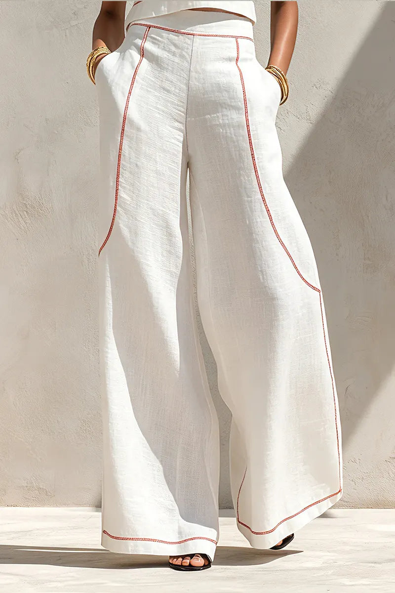 Women's Round Neck Sleeveless Red Contrast Stitch Cropped Linen Vest Or Relaxed Full Length Outline Stitch Linen Wide Leg Trousers