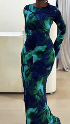 Women Round Neck Slim Fit Printed Patchwork Lines Elegant Temperament Maxi Dresses