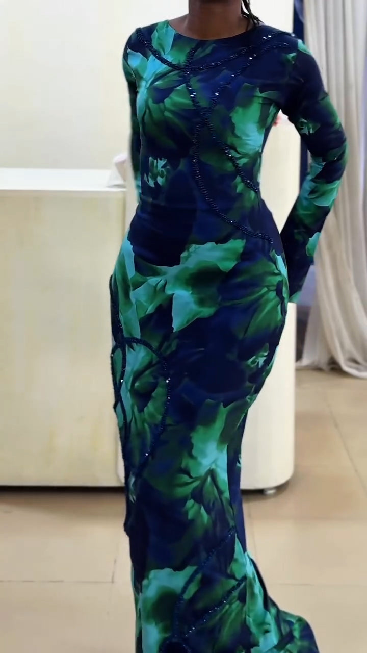 Women Round Neck Slim Fit Printed Patchwork Lines Elegant Temperament Maxi Dresses