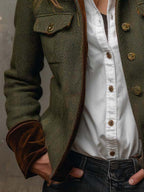 Vintage Herringbone Tweed Blazer With Velvet Trim