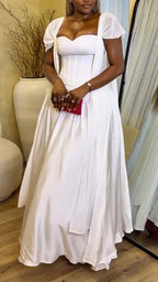 Women Square Neck Solid Color Waist Cinching Elegant Temperament Dress