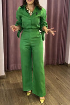 Women's Simple Commuter Cuff Tie Shirts Pants Set