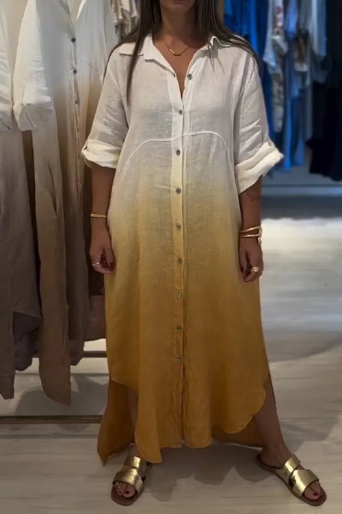 Ladies' Fashionable Casual Gradient Color Linen And Cotton Shirt Dress