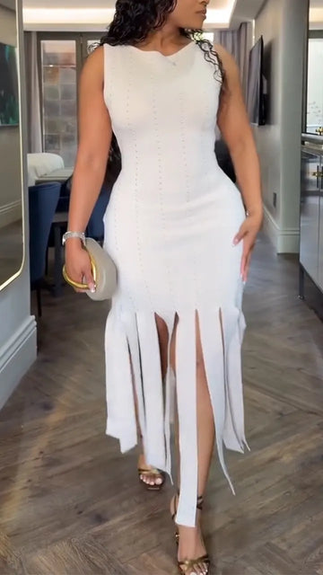 Women Round Neck Slit Solid Color Casual Dress