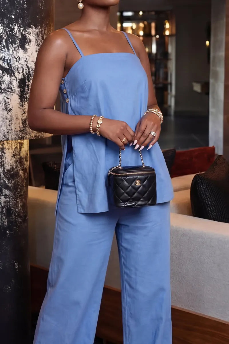 Women's Casual Light Blue Spaghetti Strap Tunic Top or  Wide Leg Pants Co-Ord