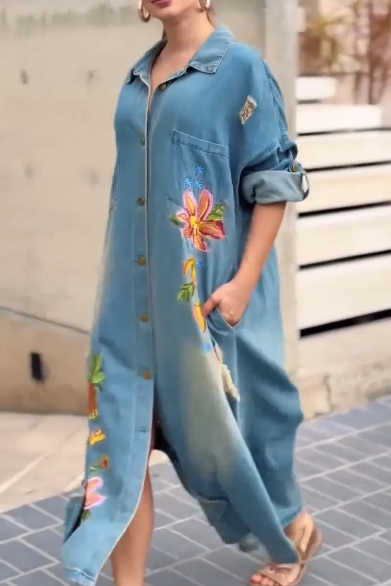 Women Collar Embroidery Washed Water Casual Loose Denim Maxi Dresses
