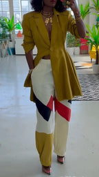 Women Collar Patchwork Jacket + Contrasting Pants