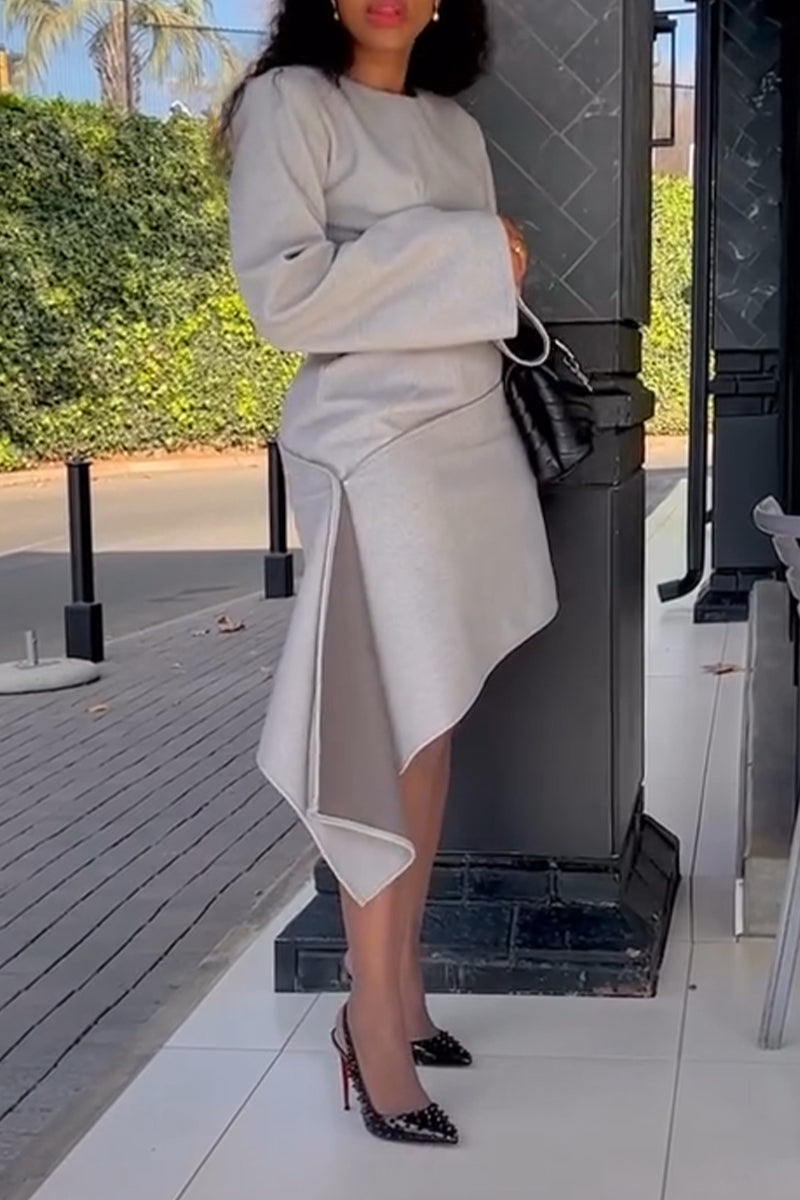 Women Round Neck Patchwork Long Sleeved Elegant Temperament Dress