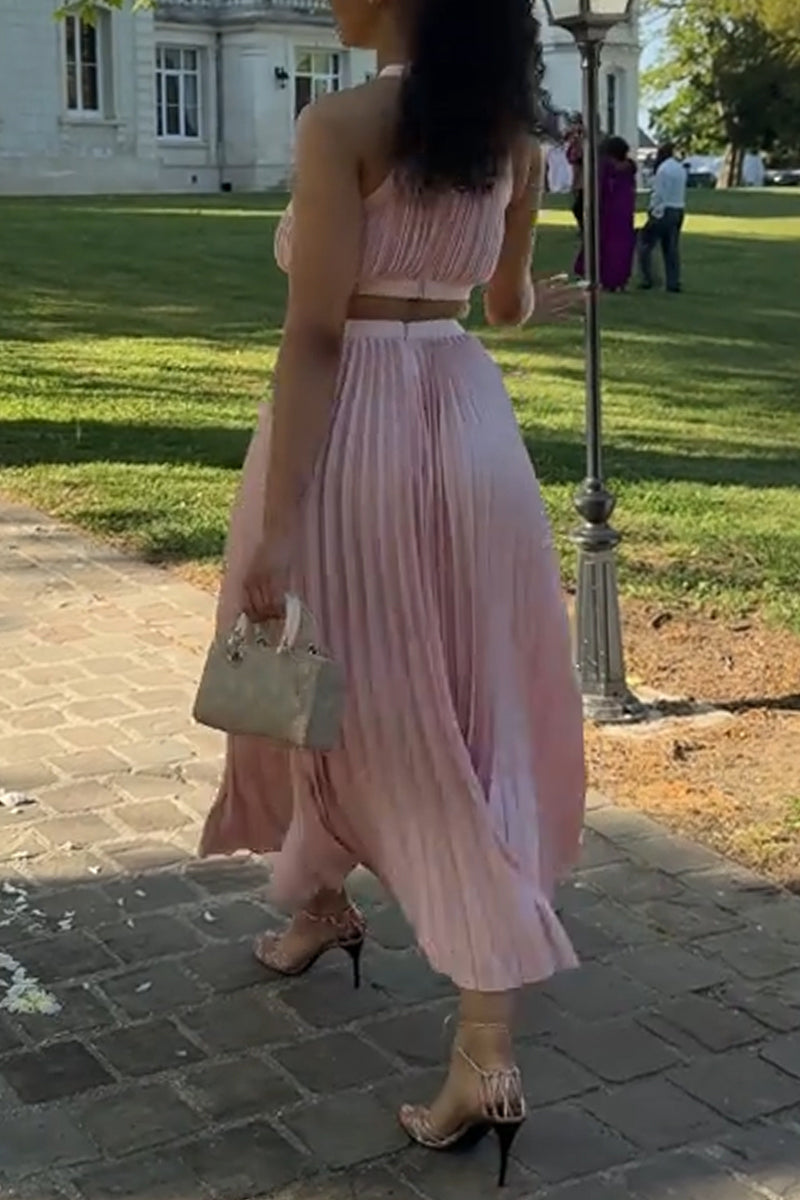 Women Neck Hanging Patchwork Elegant Temperament Solid Color Dress