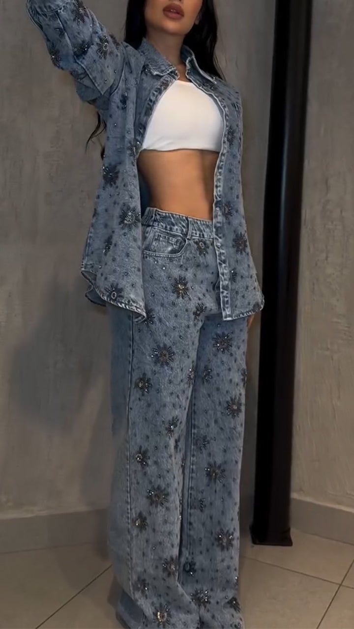 Women Lapel Printed Casual Denim Suit