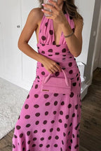 Women's Printed V Neck Tie Waist Long Vacation Dress