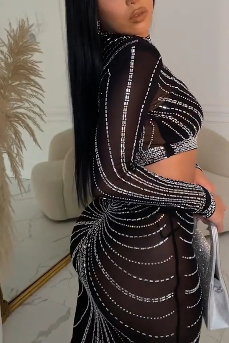 Women's Fashion Party Rhinestone Top Skirt Set