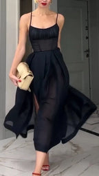 Women Spaghetti Strap Patchwork Solid Color Elegant Casual Dress