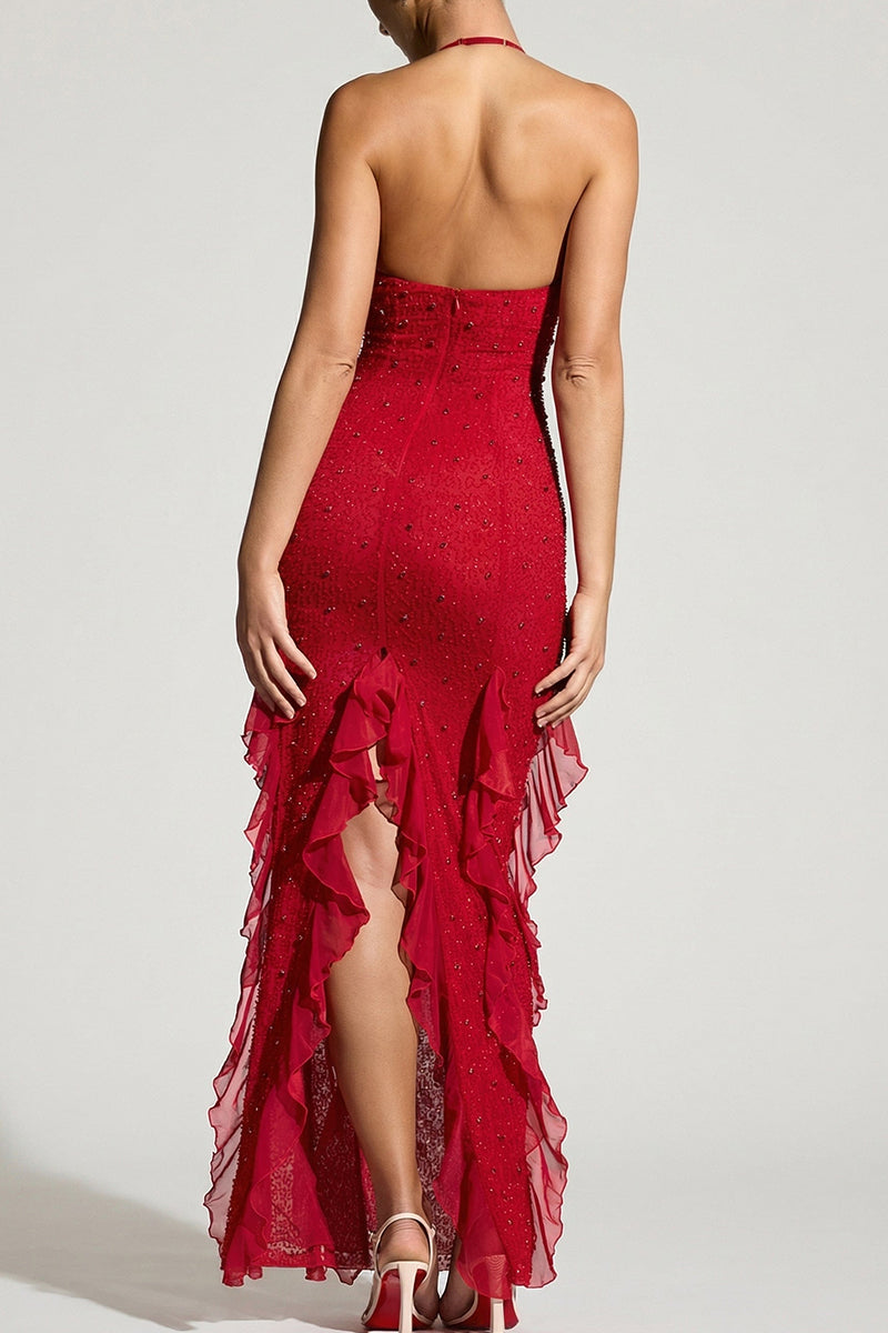 Women's Sleeveless Beaded Backless Slit Bodycon Long Party Dress