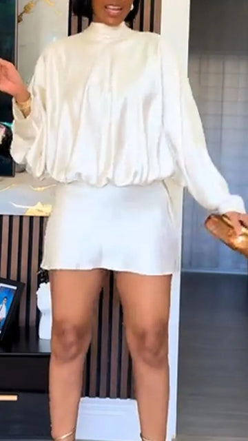 Women Round Neck Long Sleeved Top + Skirt Elegant Temperament Suit