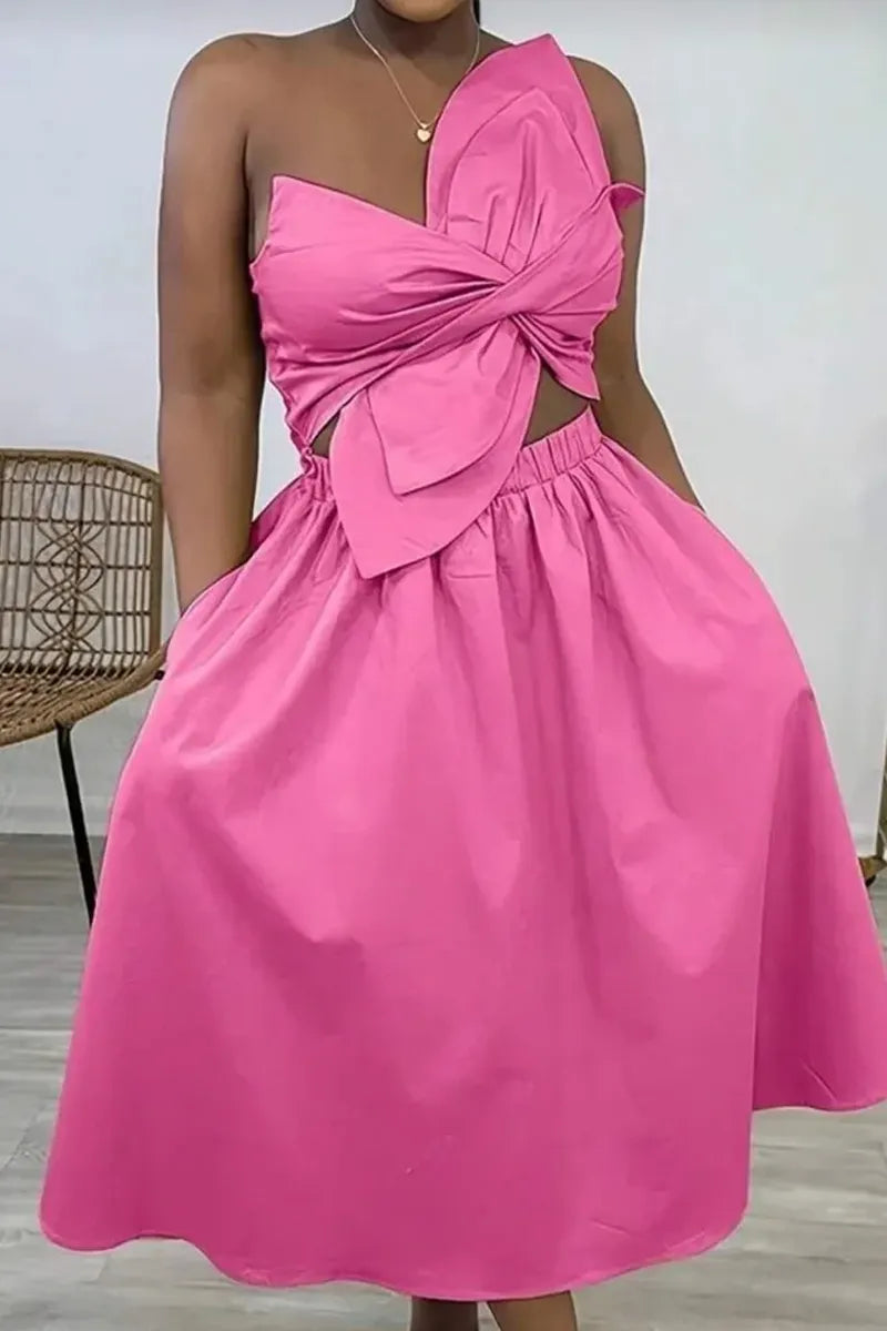 Women's Barbie Style Pink One-Shoulder Crop Top or A-Line Midi Skirt