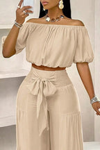 Women's Elastic Off Shoulder Puff Sleeve Loose Crop Blouse Or High Waist Smocked Bow Tie Front Tiered Flowy Wide Leg Pants