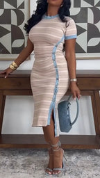 Women Round Neck Side Panel Denim Slim Fit Elegant Casual Dress